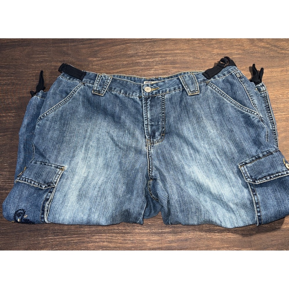Vintage Y2K Faded Glory Womens Baggy Cargo Capri Blue Jean Embroidered Size 16W - Picture 4 of 10